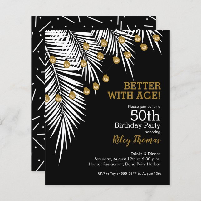 Budget Black and Gold 50th Birthday Invitations (Front/Back)
