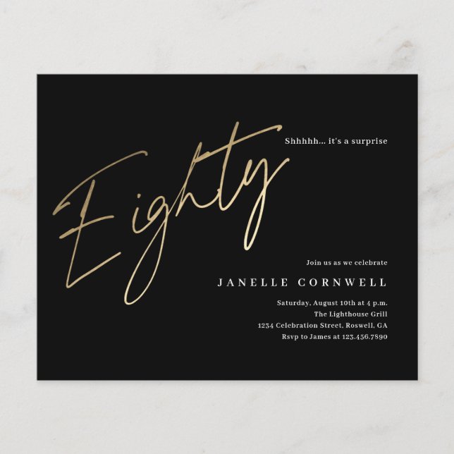 Budget Black and Gold 80th Birthday Invitation (Front)