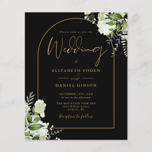 Budget Black And Gold Arch Floral Wedding Invite (Front)