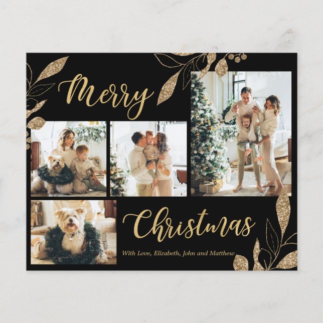Budget Black and Gold Photo Collage Christmas Card (Front)