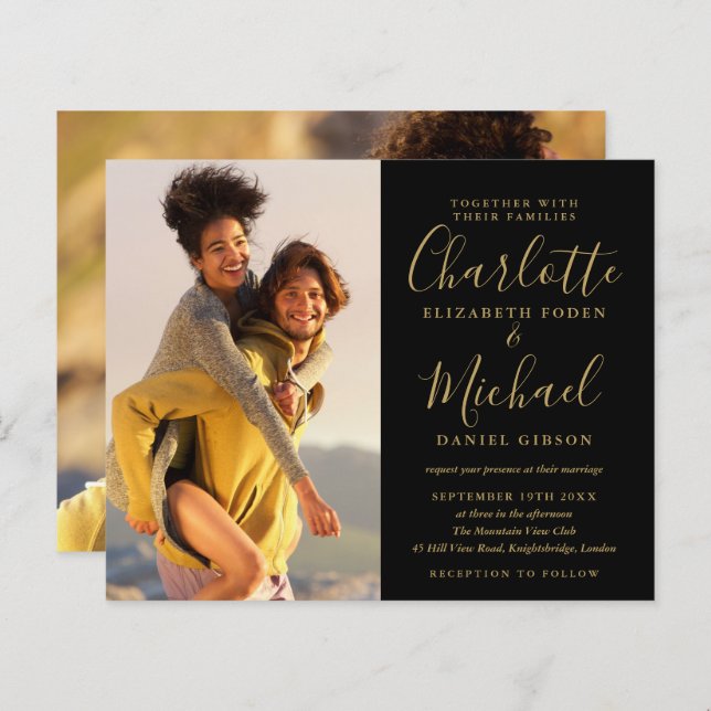Budget Black And Gold Script Photos Wedding Invite (Front/Back)