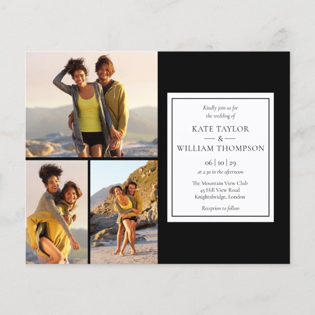 Budget Black And White 4 Photos Wedding Invitation (Front)
