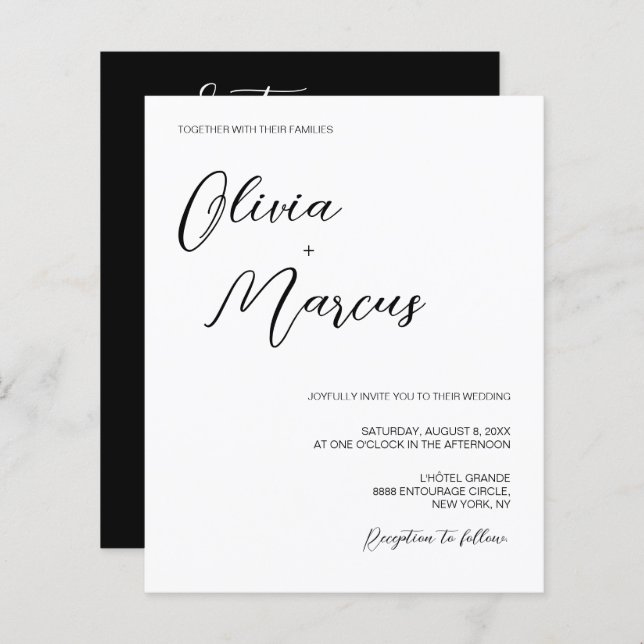 Budget Black and white Chic Script Wedding Party (Front/Back)