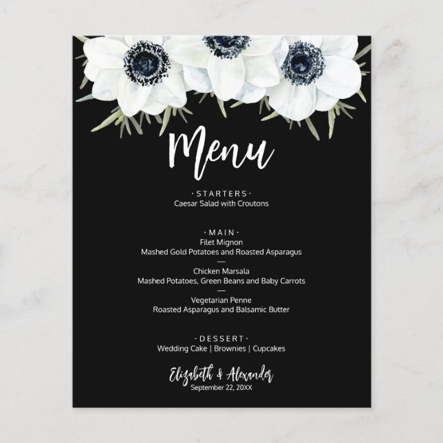 Budget Black and White Floral Wedding Menu (Front)