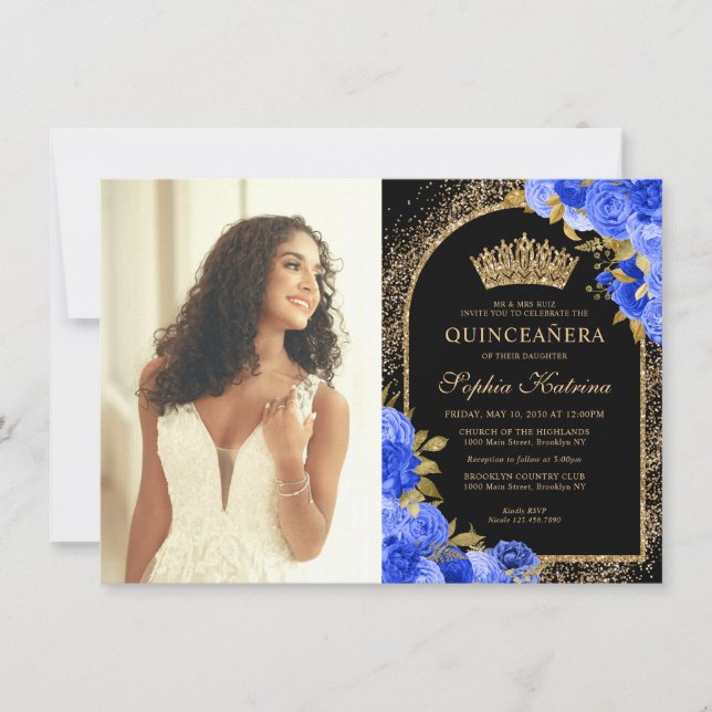 Budget Black Blue Gold Floral Photo Quinceanera Card (Front)