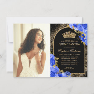 Budget Black Blue Gold Floral Photo Quinceanera Card