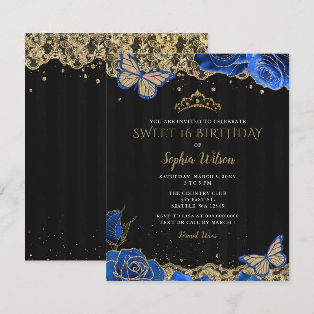 Budget Black Blue Roses Lace Sweet 16 Invitation (Front/Back)