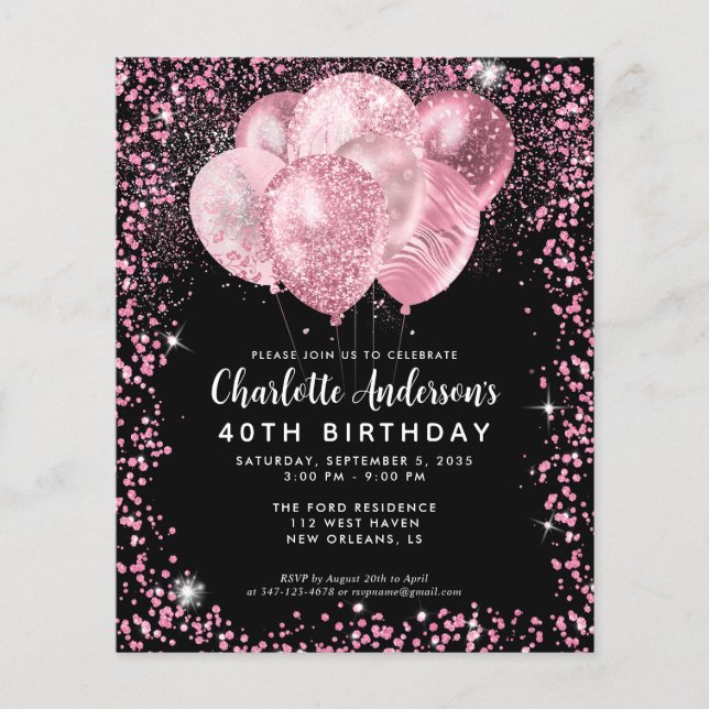 Budget Black Blush Pink Glitter Balloon Birthday (Front)