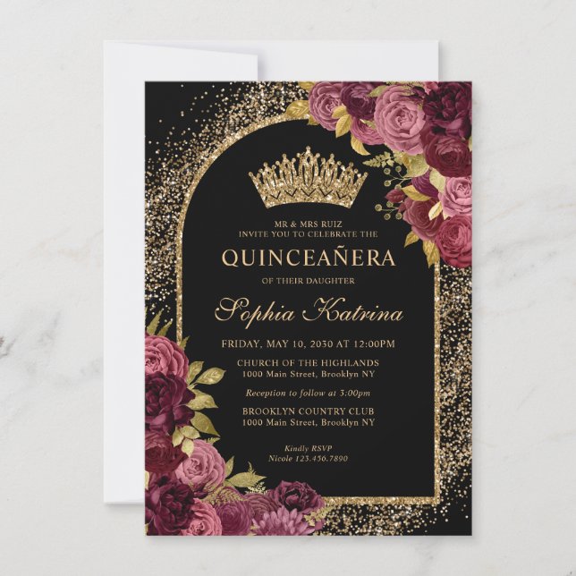 Budget Black Burgundy Glam Gold Floral Quinceanera Card (Front)