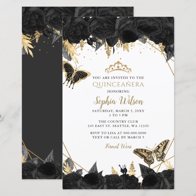 Budget Black Butterfly Quinceañera Invitation (Front/Back)