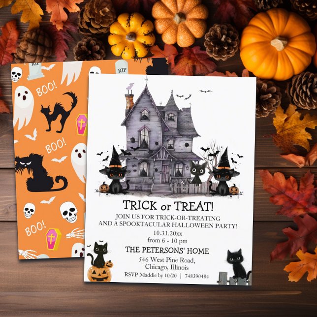 Budget Black Cats Trick or Treat Kids Invitation (Creator Uploaded)