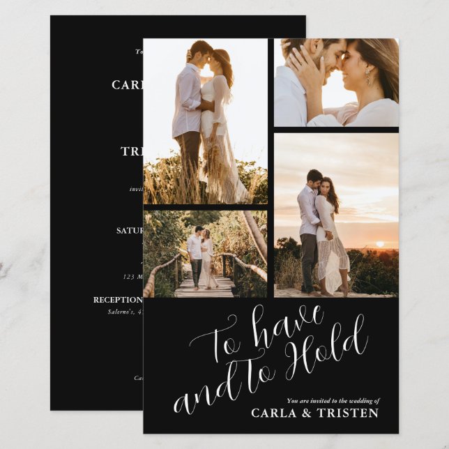 Budget Black Collage 4 Photo Wedding Invitation (Front/Back)