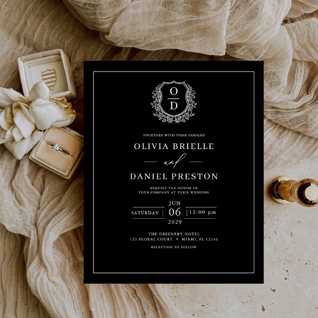 Budget Black Crest Monogram Wedding Invitation Flyer (Creator Uploaded)