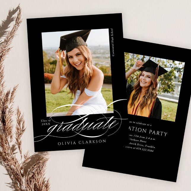 Budget Black Elegant Script Photo Graduation Party Invitation (Creator Uploaded)