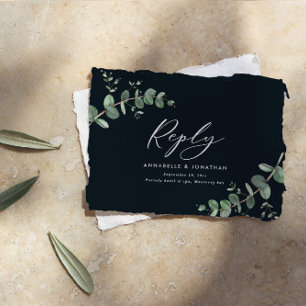 budget black Eucalyptus Greenery Wedding reply Card