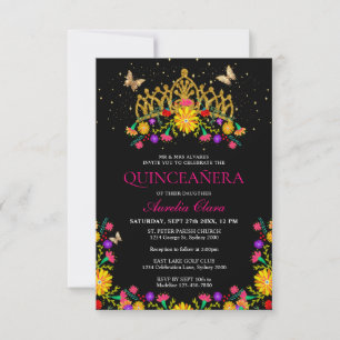 Budget Black Fiesta Floral Gold Tiara Quinceanera Card