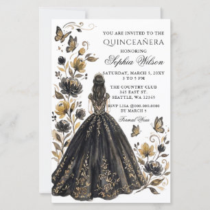 Budget Black Floral Princess Butterfly Quinceañera