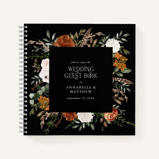 Budget black floral wedding guest book rustic (Front)