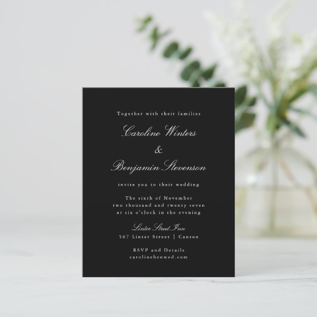 Budget Black Formal Elegant Wedding Invitation (Standing Front)