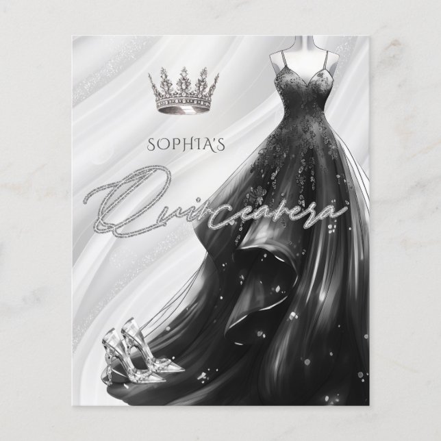 Budget Black Glitter Dress Quinceañera Invitation (Front)