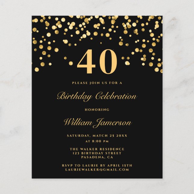 Budget Black Gold 40th Birthday Mens Modern Invite (Front)