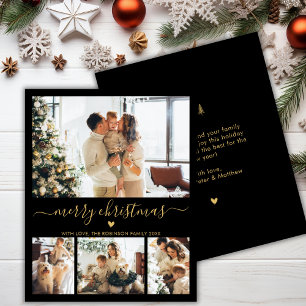 Budget Black Gold 4 Photo Collage Christmas Card