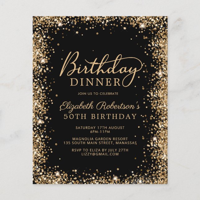 Budget Black Gold 50th Birthday Dinner Invitation (Front)