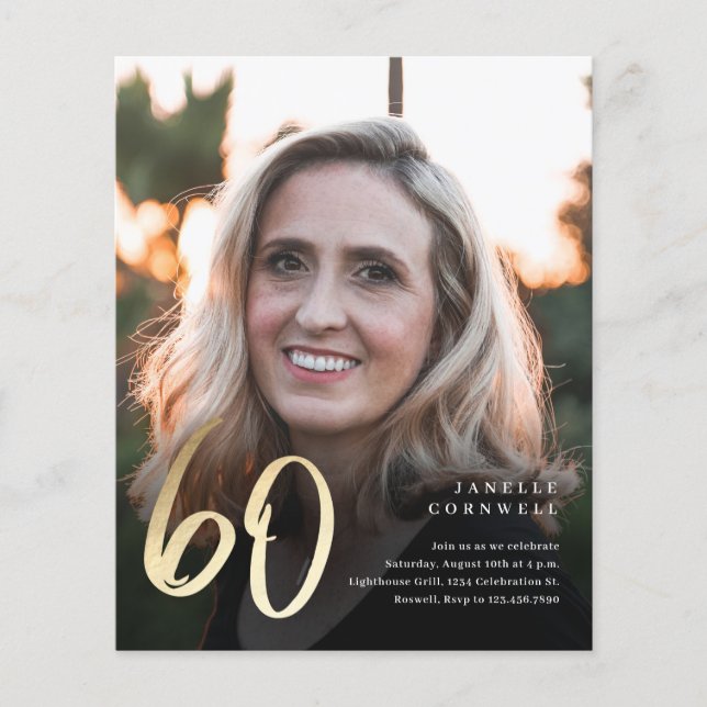 Budget Black Gold 60th Photo Birthday Invitation (Front)