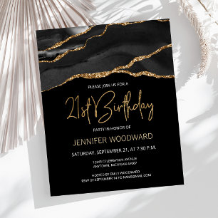 Budget Black Gold Agate 21st Birthday Invitation