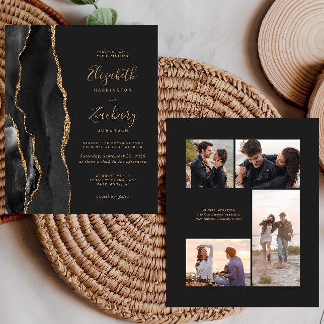 Budget Black Gold Agate 4-Photo Wedding Invite (Creator Uploaded)