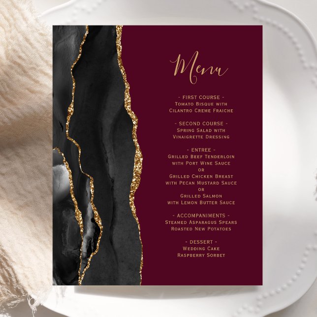 Budget Black Gold Agate Burgundy Wedding Menu (Creator Uploaded)