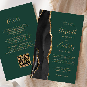 Budget Black Gold Agate Dark Green QR Code Wedding