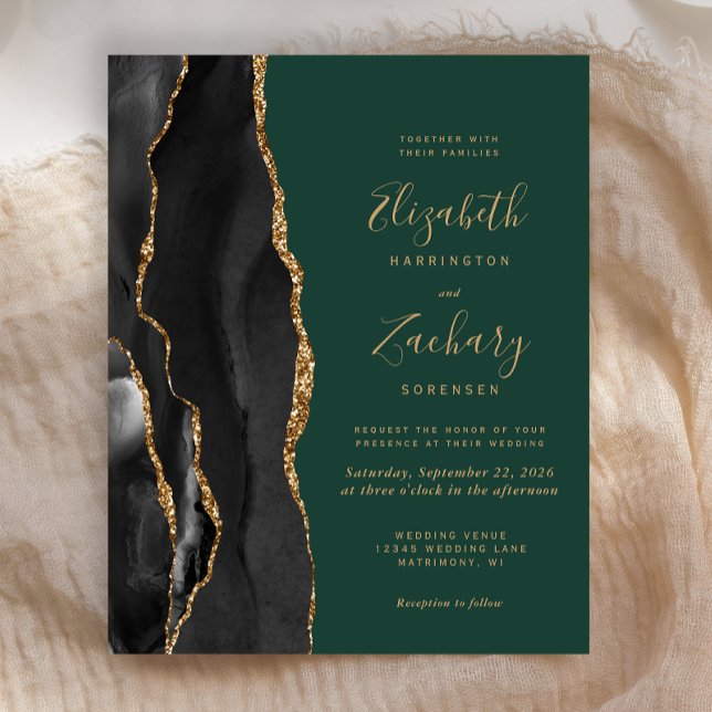 Budget Black Gold Agate Green Wedding Invitation (Creator Uploaded)