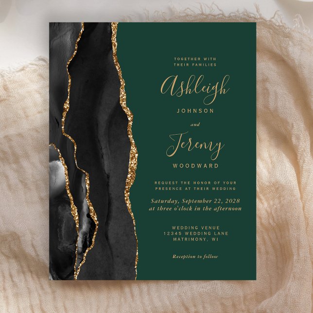 Budget Black Gold Agate Green Wedding Invitation (Creator Uploaded)