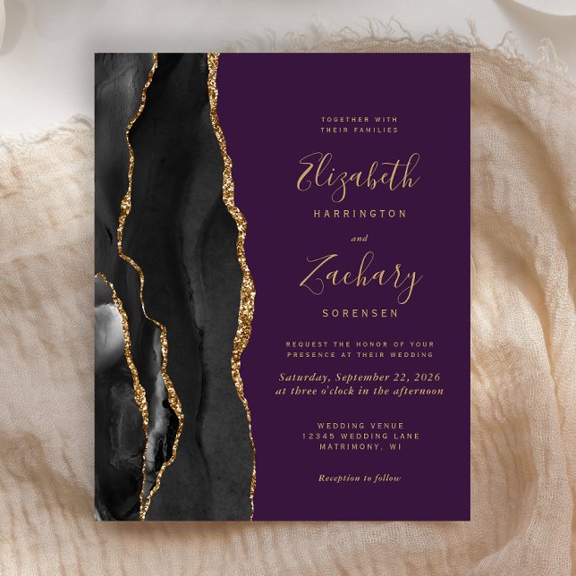 Budget Black Gold Agate Purple Wedding Invitation (Creator Uploaded)
