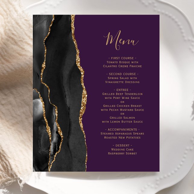 Budget Black Gold Agate Purple Wedding Menu (Creator Uploaded)