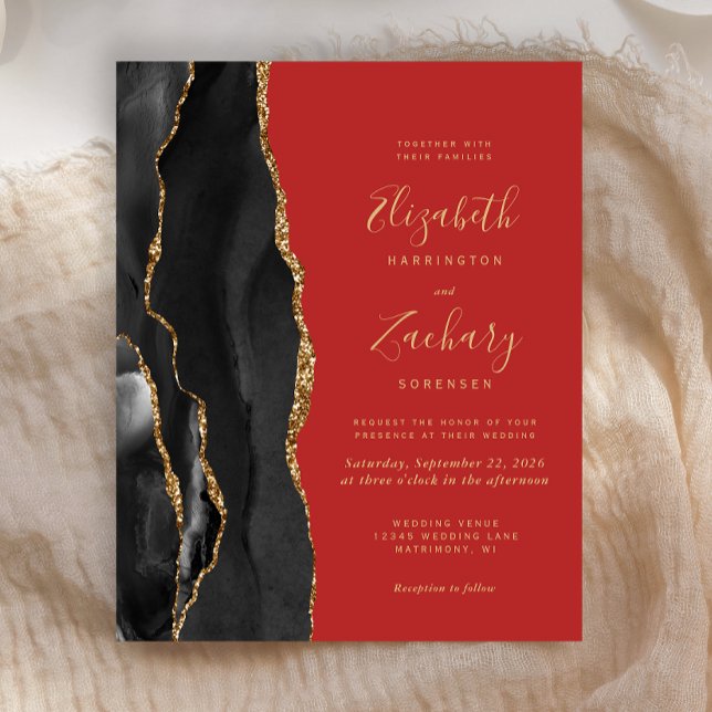 Budget Black Gold Agate Red Wedding Invite (Creator Uploaded)