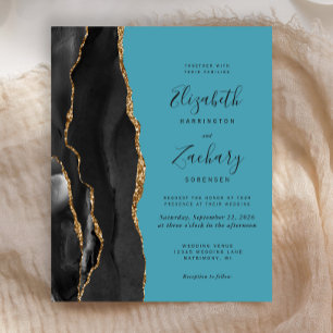 Budget Black Gold Agate Turquoise Wedding Invite