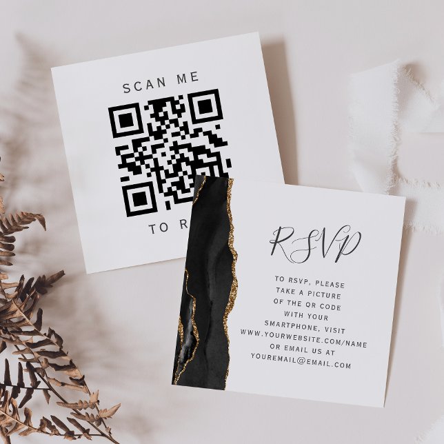 Budget Black Gold Agate Wedding QR Code RSVP Enclosure Card (Creator Uploaded)
