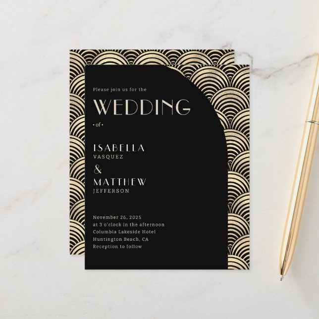 Budget Black Gold Art Deco Wedding Invitation (Front/Back In Situ)