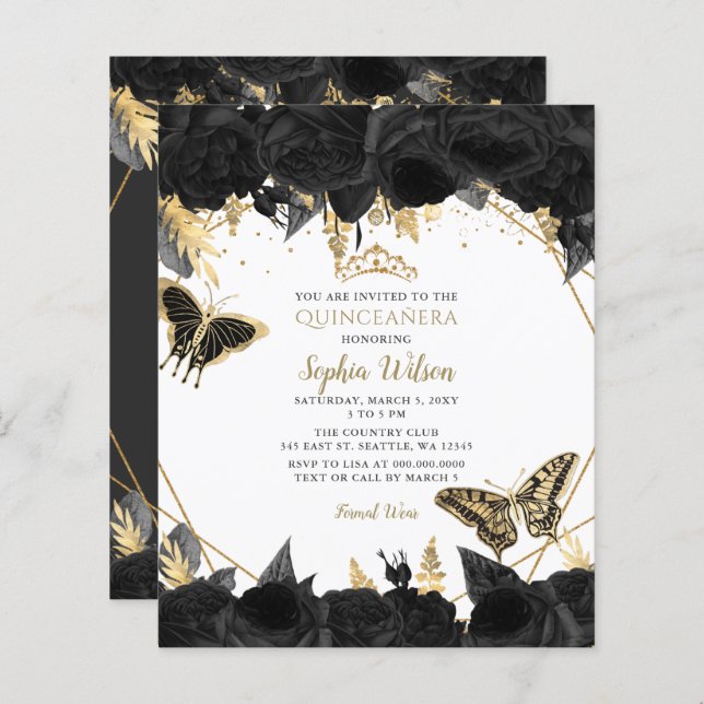 Budget Black Gold Butterfly Quinceañera Invitation (Front/Back)