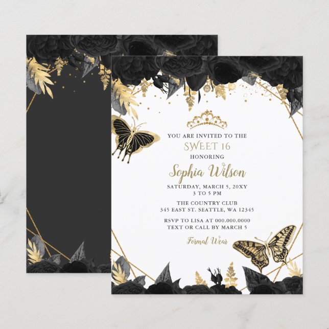 Budget Black Gold Butterfly SWEET 16 Invitation (Front/Back)