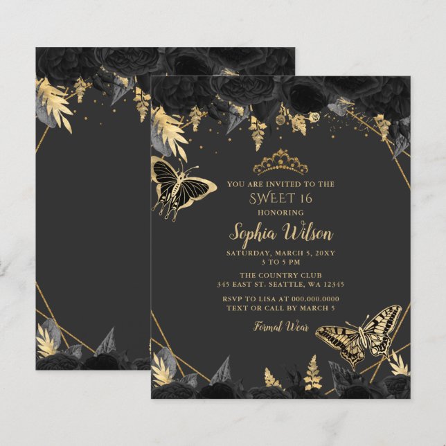 Budget Black Gold Butterfly SWEET 16 Invitation (Front/Back)