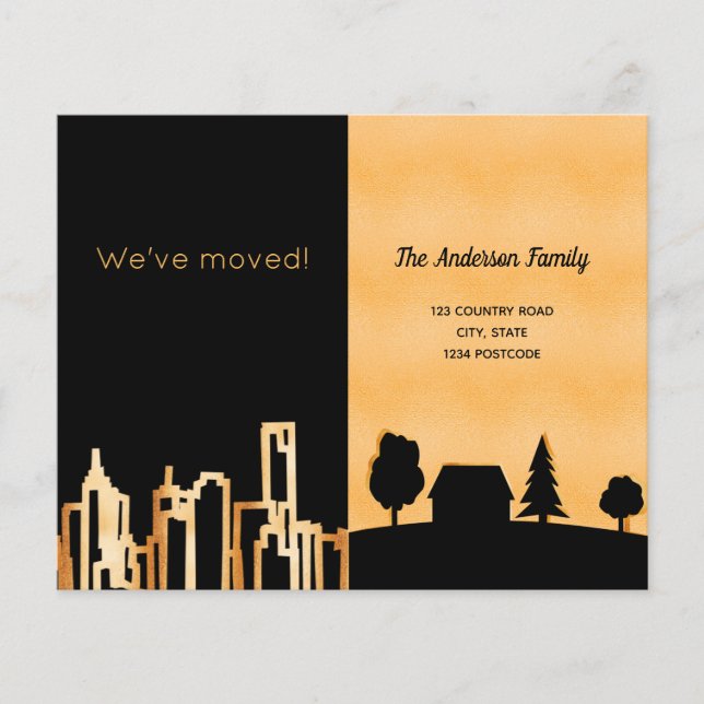 Budget black gold city country moving announcement (Front)