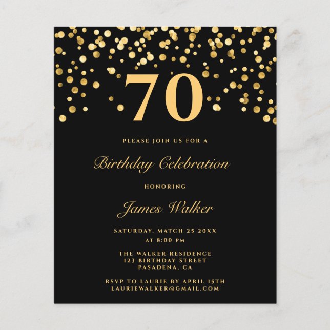 Budget Black Gold Confetti 70Th Birthday Party  Flyer (Front)