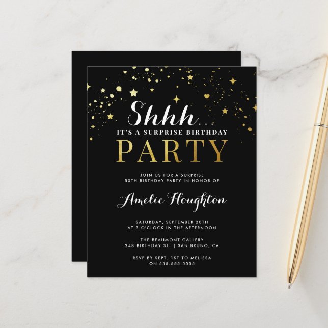 Budget Black & Gold Confetti Shhh Surprise Party (Front/Back In Situ)