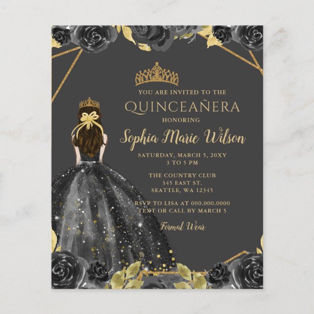 Budget Black Gold Floral Princess Quinceañera (Front)