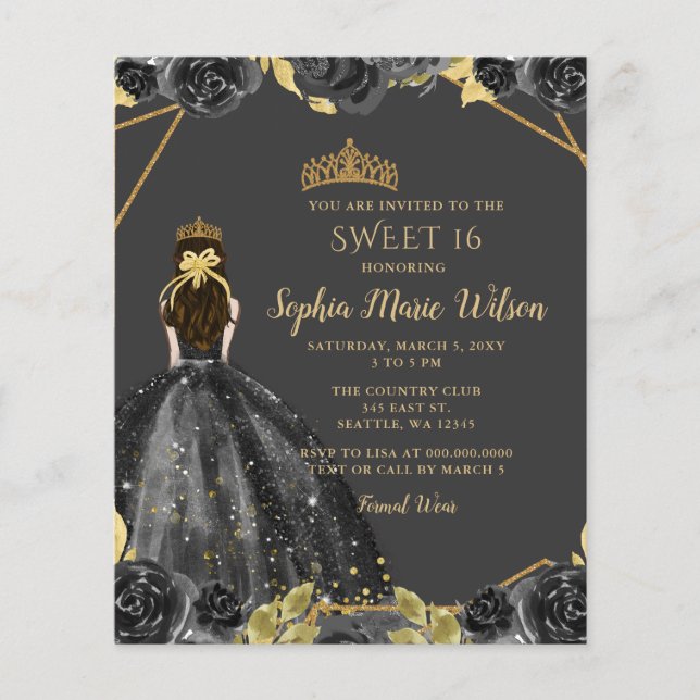 Budget Black Gold Floral Princess SWEET 16  (Front)