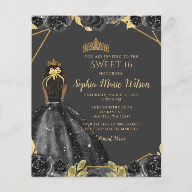 Budget Black Gold Floral Princess SWEET 16  (Front)
