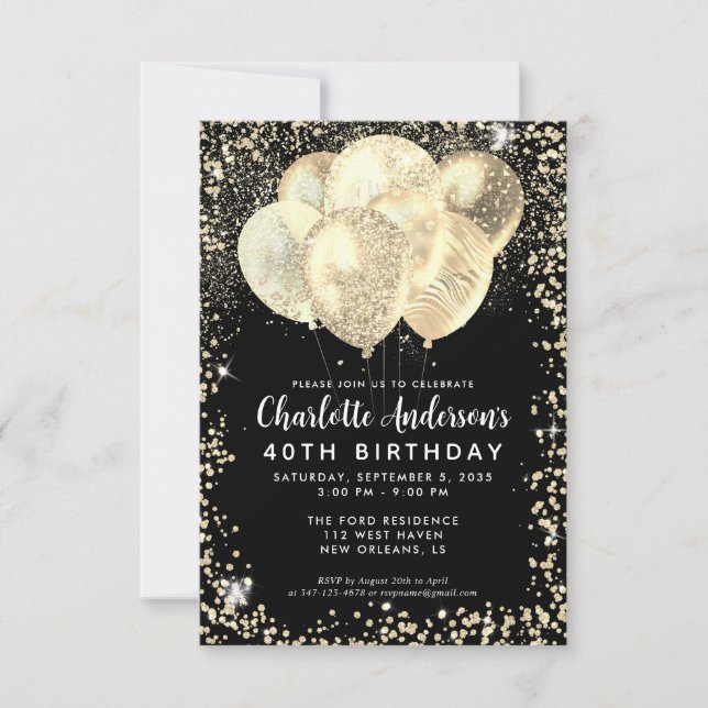 Budget Black Gold Glam Glitter Balloon Birthday Card (Front)